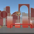 Vibrant Red Photo Check-in Spot With Arched Doorways Red Bench And Flower Bouquet Decorations