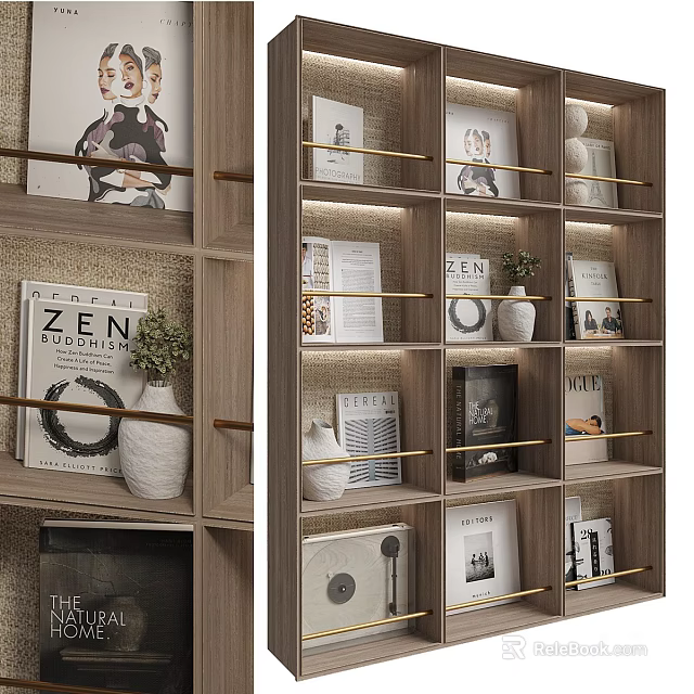 Elegant Modern Wooden Bookshelf with Golden Rails Books Magazines Decorations Potted Plant and Warm Lighting 3d model 