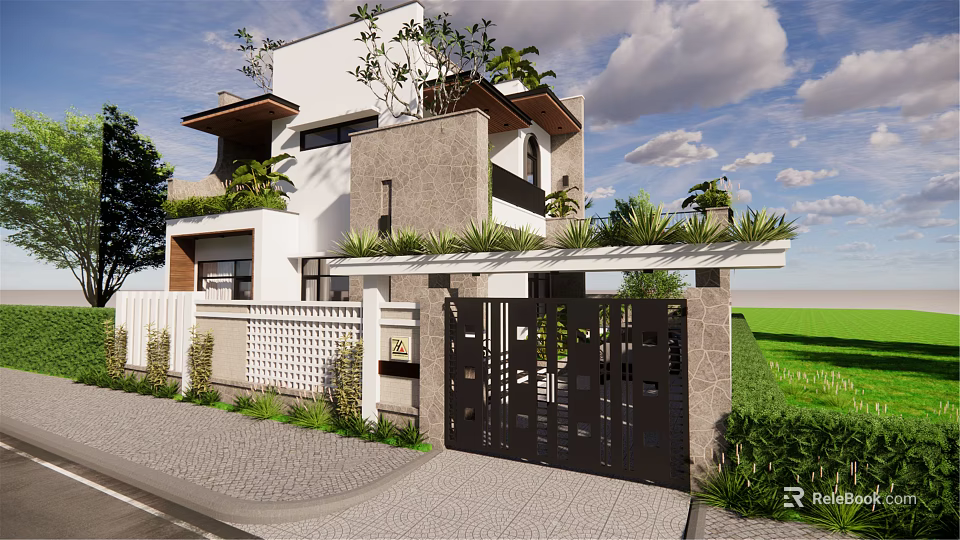 Modern Two Story Detached Villa With Roof Greenery Black Gate And White Fence 3d model 