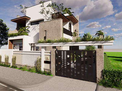 Modern Two Story Detached Villa With Roof Greenery Black Gate And White Fence 3d model