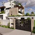 Modern Two Story Detached Villa With Roof Greenery Black Gate And White Fence