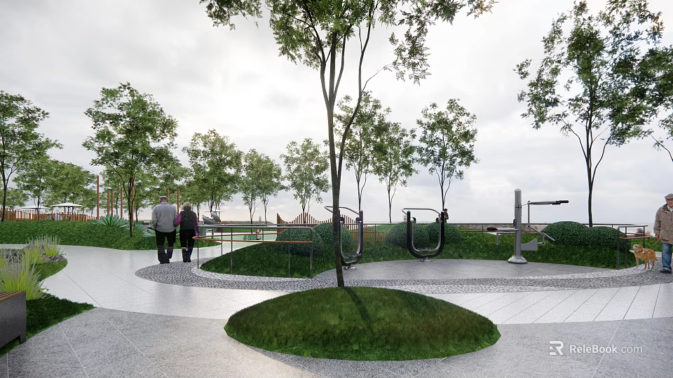 Scenic Park Landscape Featuring People Walking Green Trees Curved Pathway And Grass Lawn 3d model 