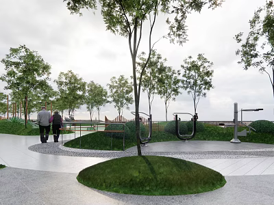 Scenic Park Landscape Featuring People Walking Green Trees Curved Pathway And Grass Lawn 3d model