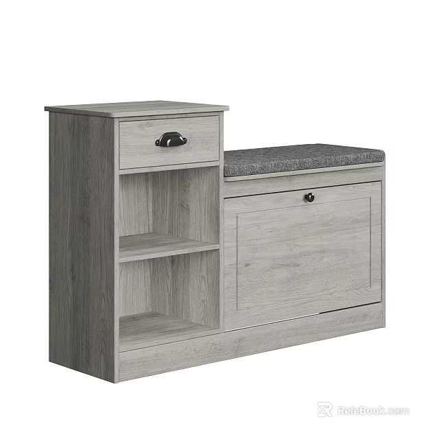 Light Grey Wood Entryway Shoe Cabinet With Cushioned Bench Drawer And Multiple Storage Shelves 3d model 