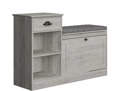 Light Grey Wood Entryway Shoe Cabinet With Cushioned Bench Drawer And Multiple Storage Shelves 3d model