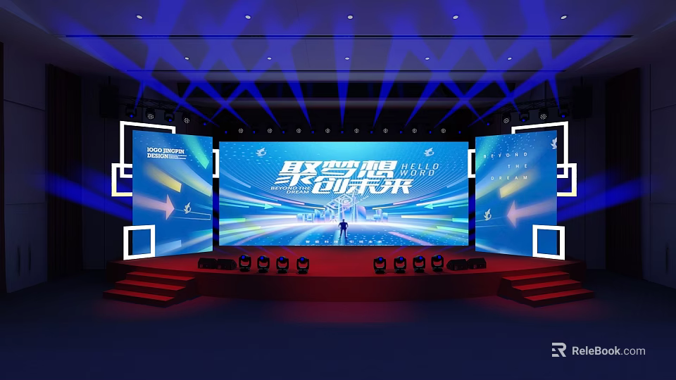 Grand Stage Setup with Large Background Screens Blue Lighting Effects and Red Steps 3d model 