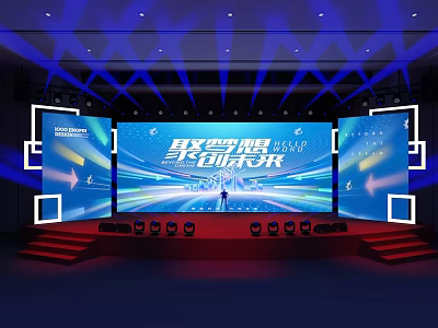 Grand Stage Setup with Large Background Screens Blue Lighting Effects and Red Steps 3d model