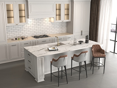 American Style Open Kitchen Cabinet Bar and Chair 3d model