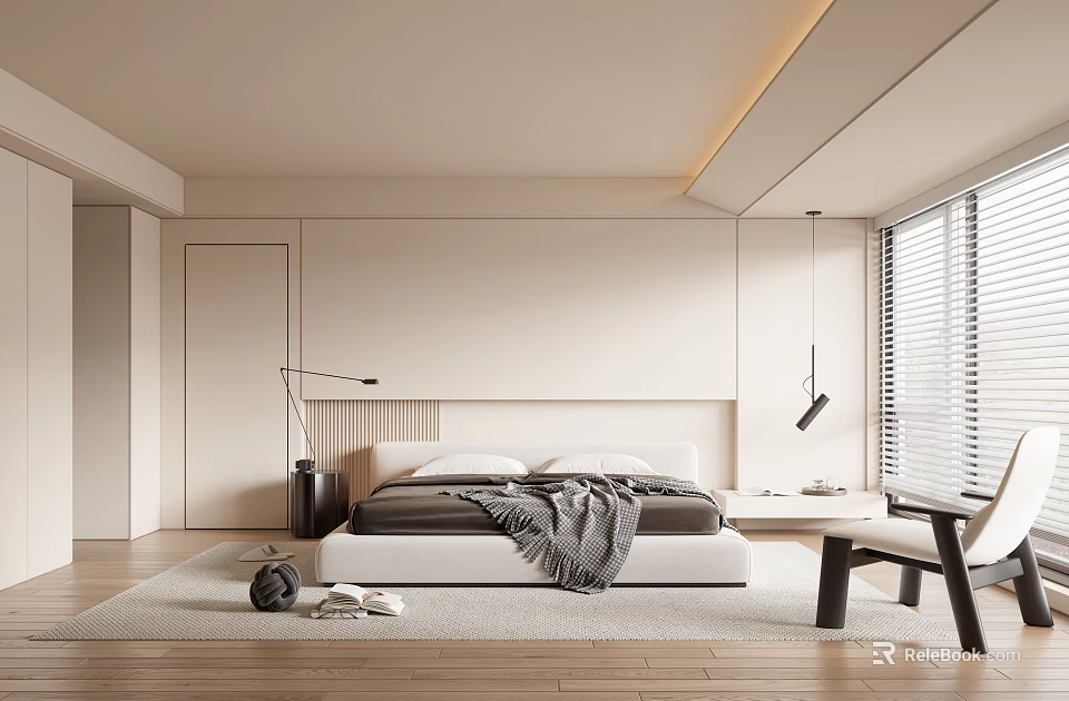 Modern Bedroom Interior With Minimalist Design Bed Area Rug And Floor to Ceiling Blinds 3d model 