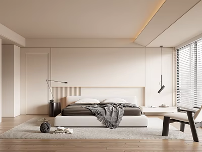 Modern Bedroom Interior With Minimalist Design Bed Area Rug And Floor to Ceiling Blinds 3d model