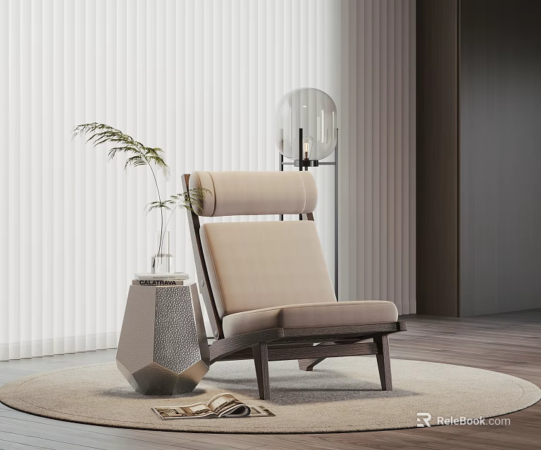Contemporary Beige Lounge Chair With Upholstered Seat Wooden Frame Side Table Plant And Area Rug 3d model 