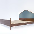 Double Bed Featuring Wooden Frame Blue Headboard Carved Design And Wooden Slats