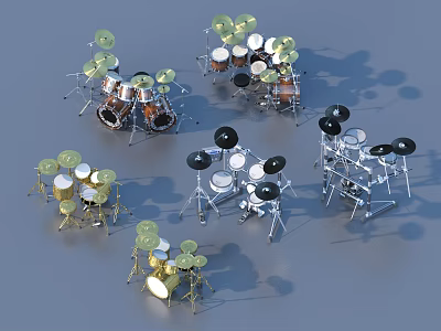 Various Professional Drum Sets With Cymbals Drums And Metal Stands Collection 3d model