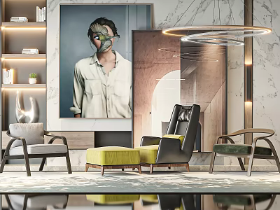 Stylish Leisure Chairs In Modern Interior Design With Abstract Painting Marble Wall And Lighting 3d model