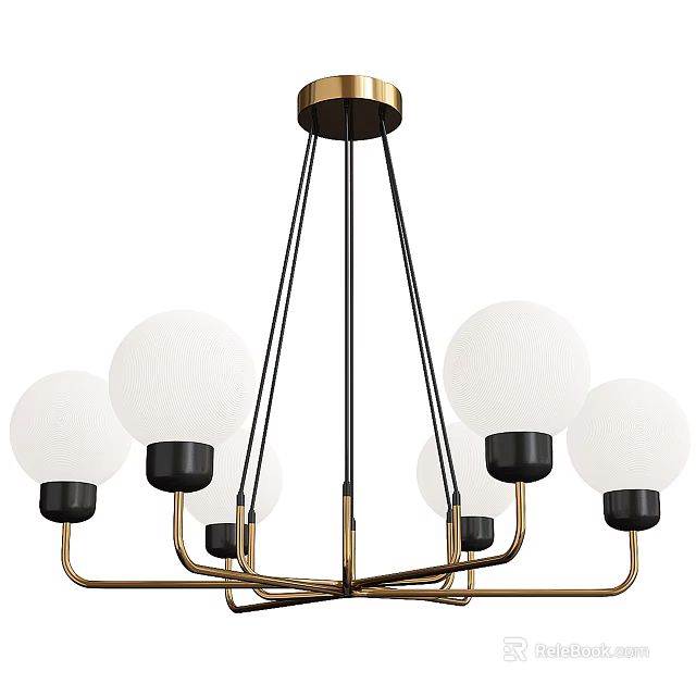 Modern Chandelier With White Spherical Shades Golden Metal Frame And Black Wires Design 3d model 
