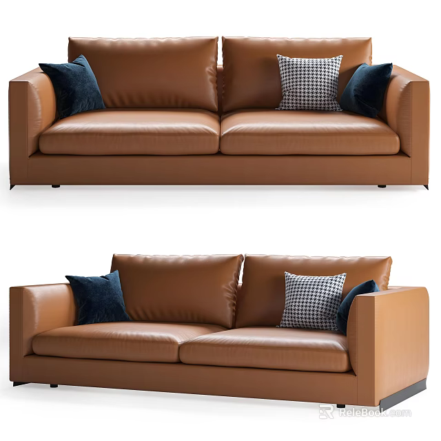 Modern Brown Leather Two Seater Sofa With Blue And Checkered Pillows 3d model 