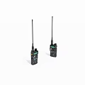 Two Black Walkie Talkies With Antennas LCD Screens And Control Buttons