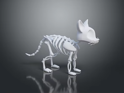 White Cat Skeleton Model 3D Rendered On Dark Background With Reflective Surface 3d model