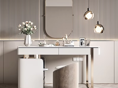 Modern Elegant White Vanity Table with Circular Mirror Striped Wall Lamps Floral Vase Photo Frame 3d model