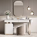 Modern Elegant White Vanity Table with Circular Mirror Striped Wall Lamps Floral Vase Photo Frame