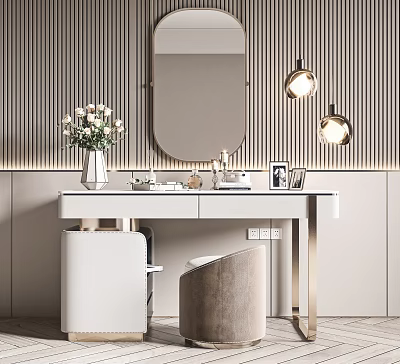 Modern Elegant White Vanity Table with Circular Mirror Striped Wall Lamps Floral Vase Photo Frame 3d model