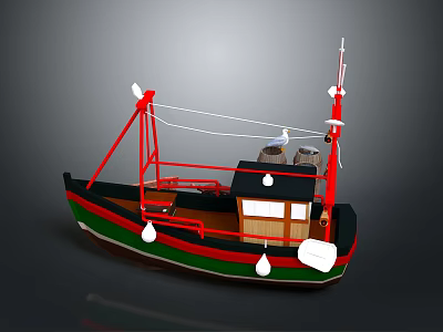 Traditional Fishing Boat With Red Mast Green Black Hull White Buoys And Seagull 3d model