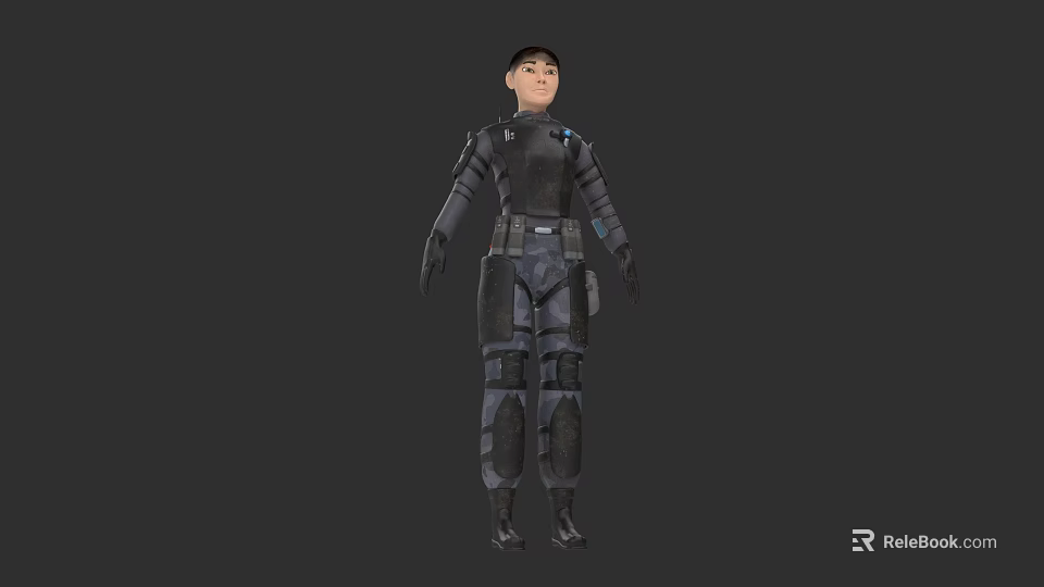 Woman In Black Tactical Suit With Armor Panels And Tech Gear 3d model 