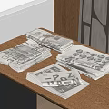 Several Stacks of Magazines Tied with String Arranged on Wooden Table with Geometric Wall Design