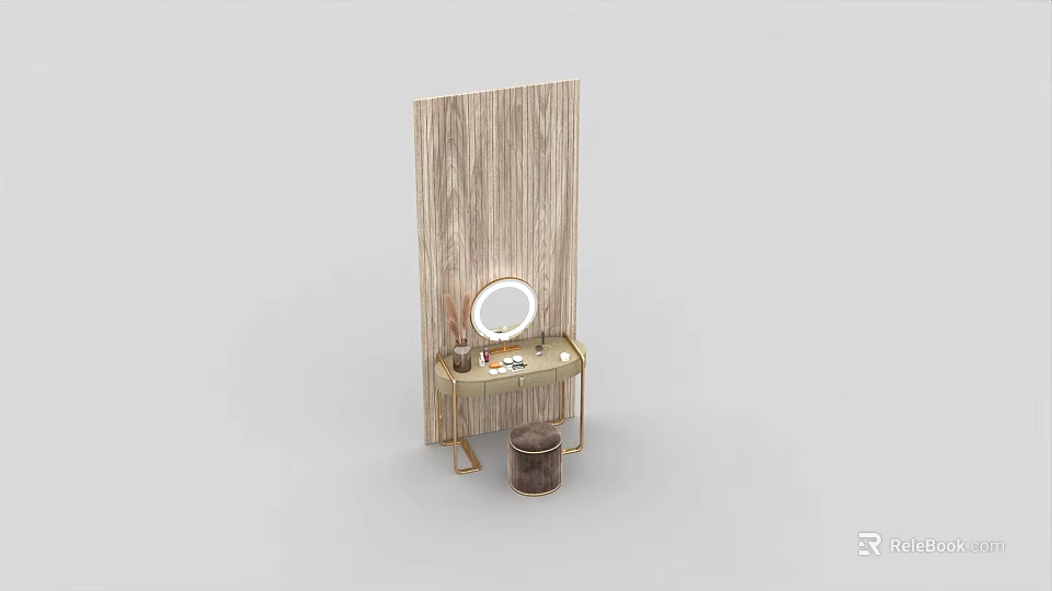 Minimalist Dressing Table With Round Mirror Wooden Panel Stool And Cosmetics On Top 3d model 