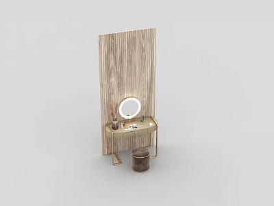 Minimalist Dressing Table With Round Mirror Wooden Panel Stool And Cosmetics On Top 3d model