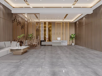 Modern Hotel Lobby Interior With Wooden Panels Reception Desk Sofa Area And Plants 3d model