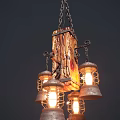 Vintage Industrial Chandelier Featuring Wooden Beam And Metal Cage Shades With Multiple Lit Bulbs