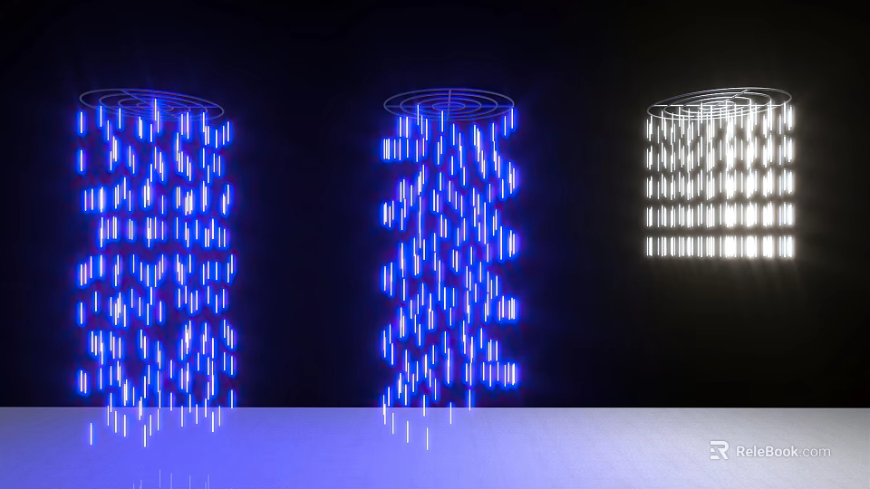 Hanging Blue And White Decorative Lights With Light Strips On Black Background 3d model 
