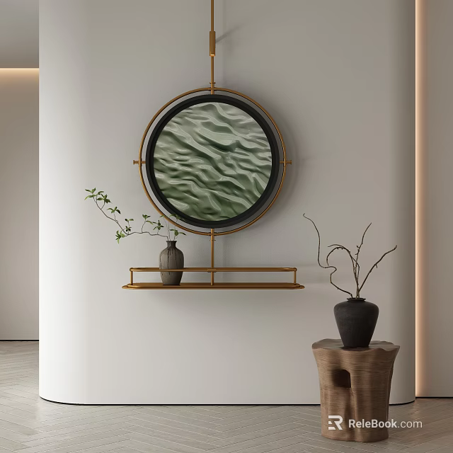 Circular Abstract Painting With Wavy Texture On Golden Stand White Wall Vase And Dried Branches 3d model 