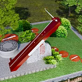 Red and White Inclined Sculpture with Stone Tablet in Night Garden Setting Surrounded by Trees