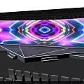 Colorful Stage Design With Large LED Screens Geometric Patterns White Steps And Audience Seats