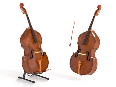 Two Classical Wooden Double Bass Instruments With Bow And Stand On White Background 3d model