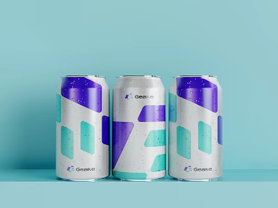 Three Colorful CONNEXUS Beverage Cans with Geometric Patterns on Light Blue Background 3d model