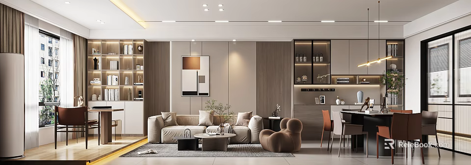 Modern Living Dining Room Interior With Beige Sofa Accent Chair Coffee Table And Decorative Artwork 3d model 