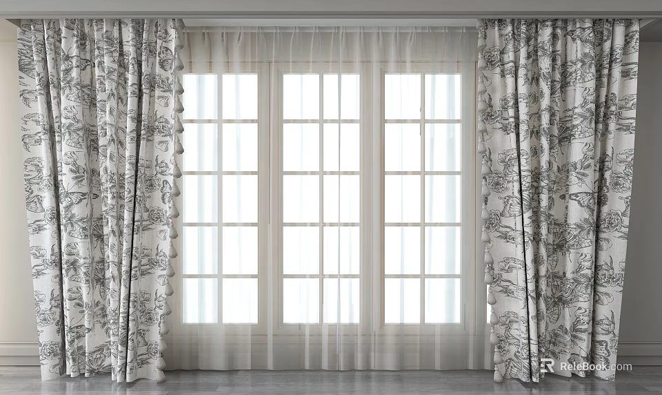 Elegant Floral Curtains With Sheer Layers For Large Home Windows 3d model 