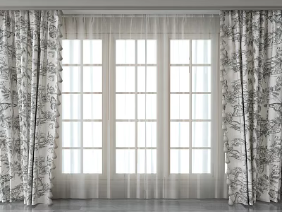 Elegant Floral Curtains With Sheer Layers For Large Home Windows 3d model