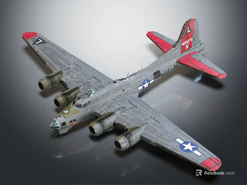 Vintage Gray Fighter Aircraft with Four Engines Red Tail and Star Emblem Detailed Model 3d model 