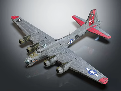 Vintage Gray Fighter Aircraft with Four Engines Red Tail and Star Emblem Detailed Model 3d model