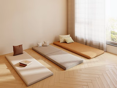 Different Colored Floor Cushions On Herringbone Wooden Floor With Window Curtains Decorative Pillows And Book 3d model