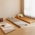 Different Colored Floor Cushions On Herringbone Wooden Floor With Window Curtains Decorative Pillows And Book