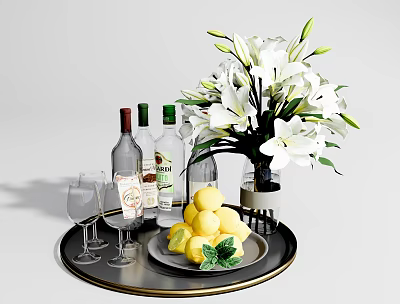 Stylish Wine Bottles And Glasses Setup With White Lilies Lemons And Mint On Tray 3d model
