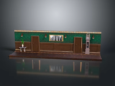 Hallway Interior With Green Wall Wooden Decor Wall Art Doors Small Table And Potted Plant 3d model