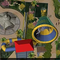 Vibrant Amusement Park Featuring Yellow Blue Water Slide Red Roof Building Palm Trees And Greenery
