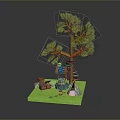 Miniature Camping Scene With Pine Tree Blue Tent Stone Steps And Black Cat