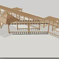 Wooden Pergola And Pavilion Structure With Corridor Railings And Roof Frames